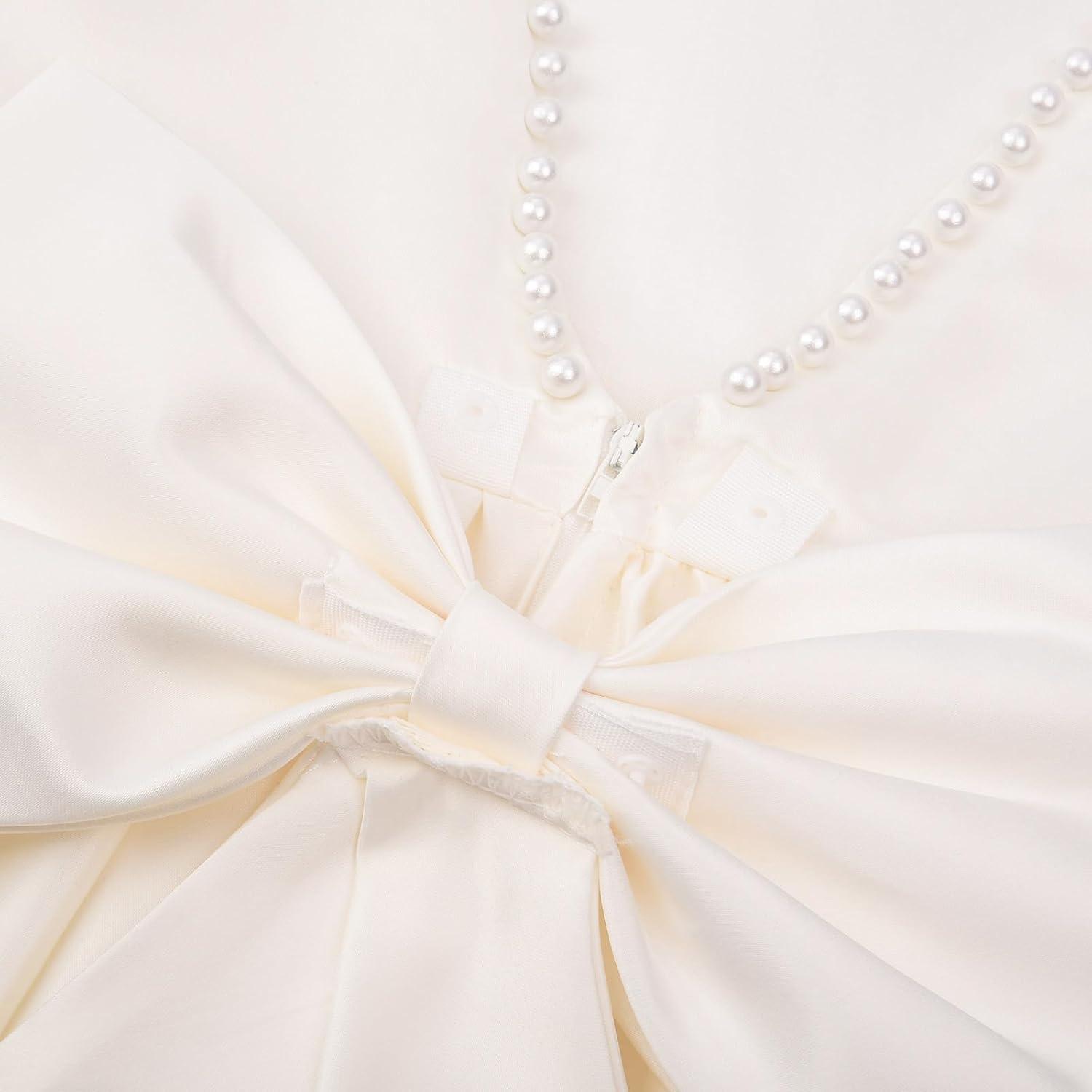 imageUhnice Flower Girl Satin Dress with Pearls Flutter Sleeves V Back Gown with Removable Bow for Wedding Birthday PartyIvory