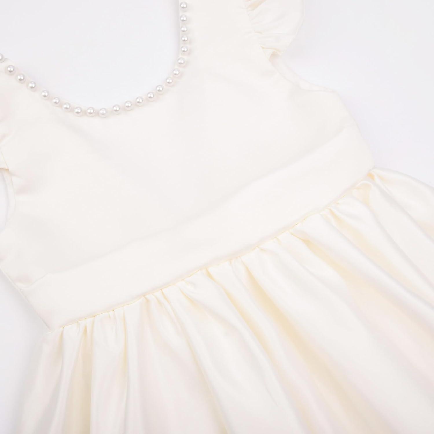 imageUhnice Flower Girl Satin Dress with Pearls Flutter Sleeves V Back Gown with Removable Bow for Wedding Birthday PartyIvory