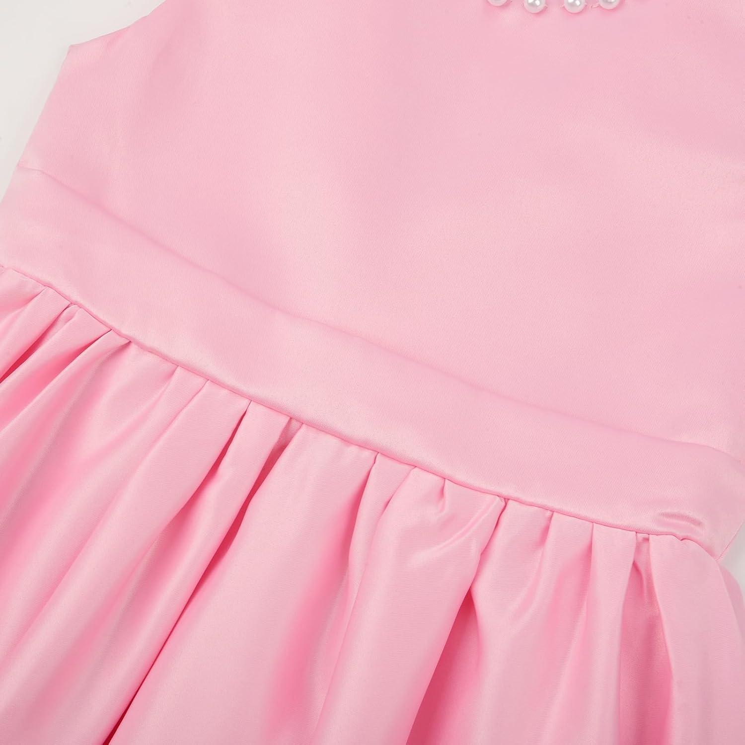 imageUhnice Flower Girl Satin Dress with Pearls Flutter Sleeves V Back Gown with Removable Bow for Wedding Birthday PartyPink