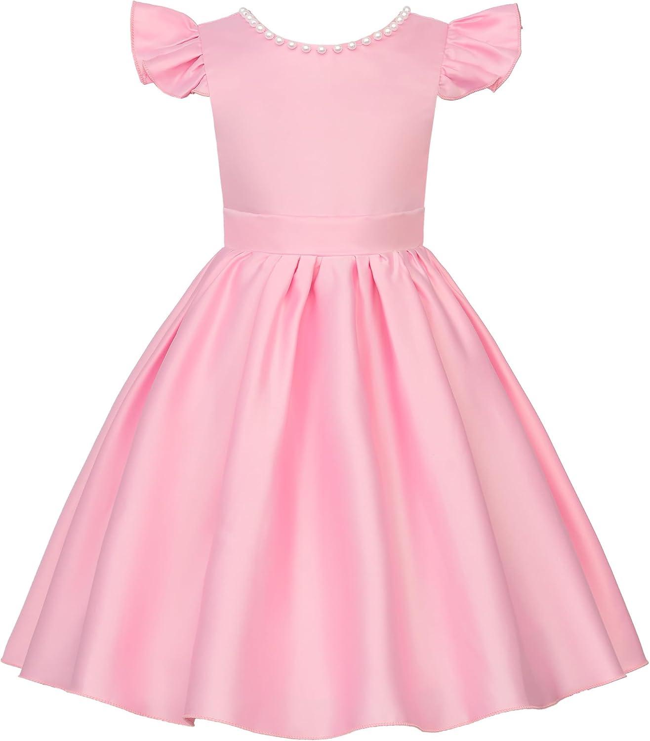 imageUhnice Flower Girl Satin Dress with Pearls Flutter Sleeves V Back Gown with Removable Bow for Wedding Birthday PartyPink