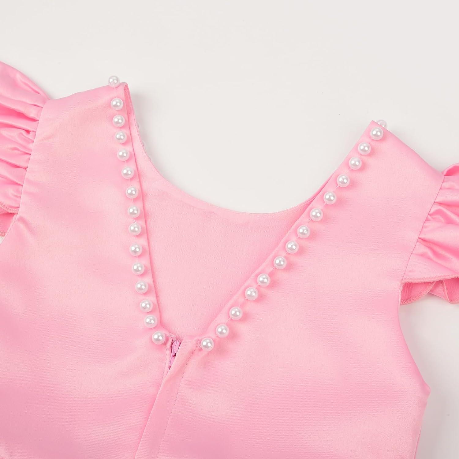 imageUhnice Flower Girl Satin Dress with Pearls Flutter Sleeves V Back Gown with Removable Bow for Wedding Birthday PartyPink