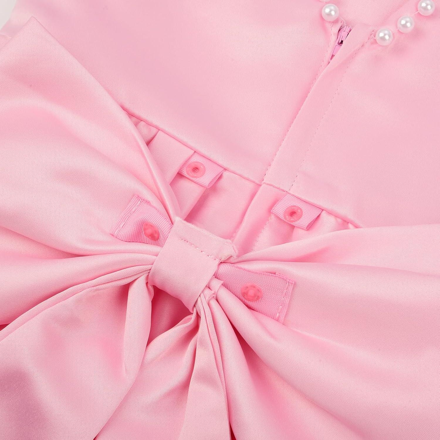 imageUhnice Flower Girl Satin Dress with Pearls Flutter Sleeves V Back Gown with Removable Bow for Wedding Birthday PartyPink