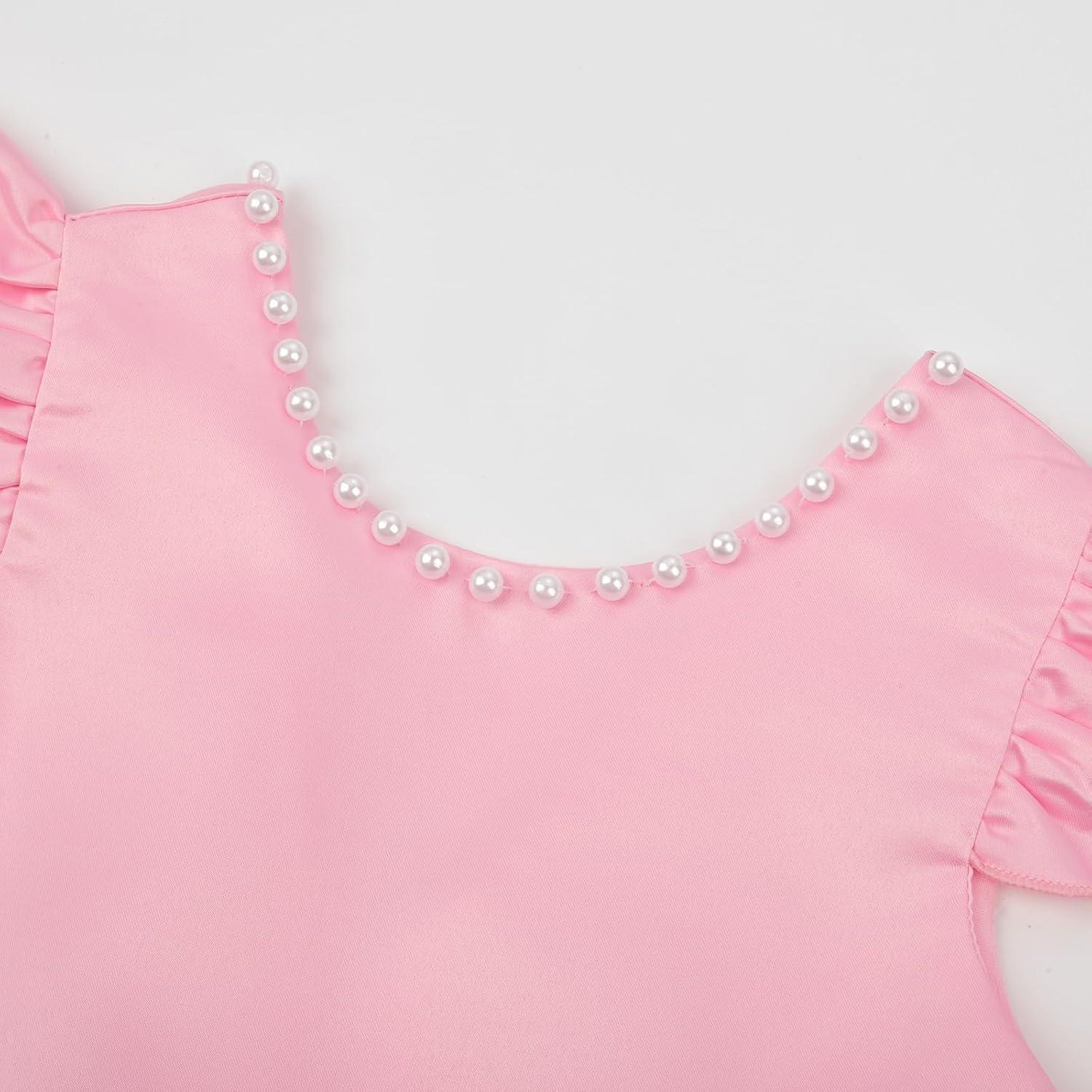 imageUhnice Flower Girl Satin Dress with Pearls Flutter Sleeves V Back Gown with Removable Bow for Wedding Birthday PartyPink