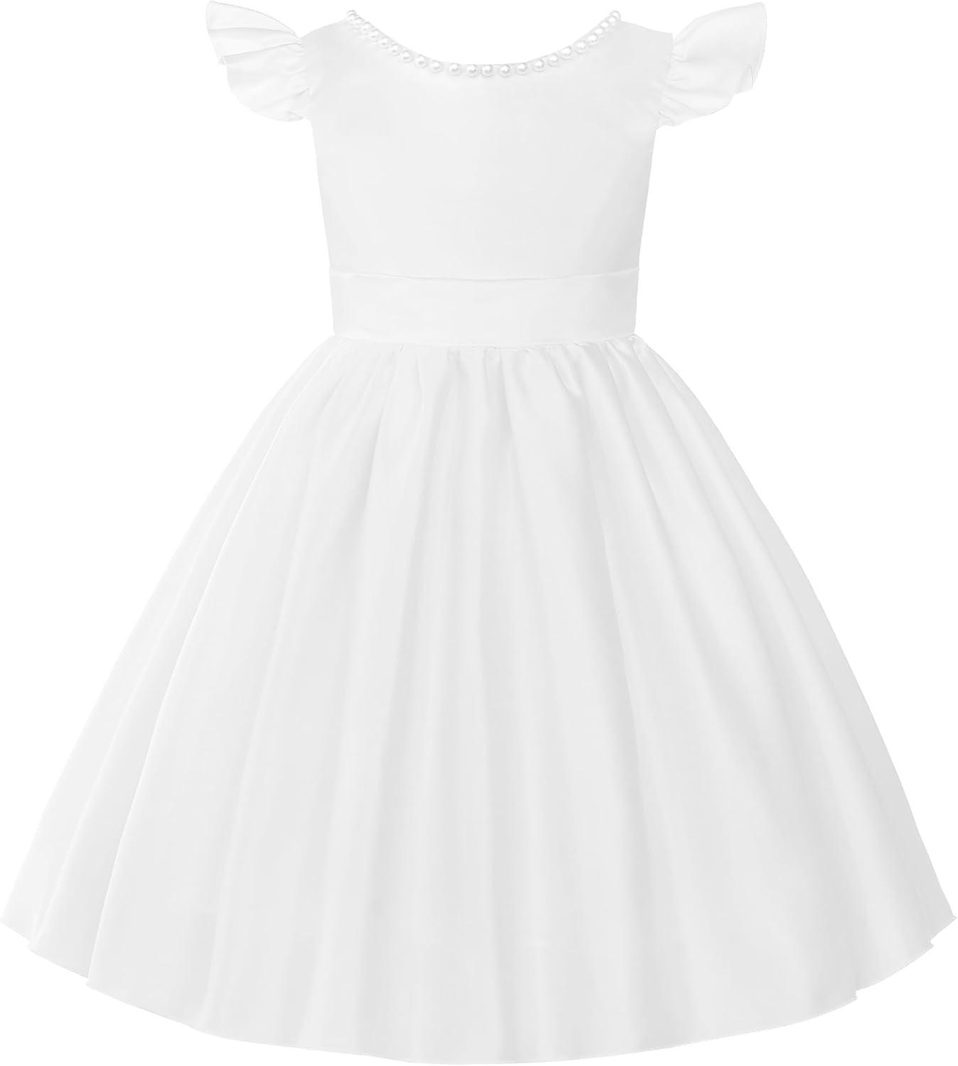 imageUhnice Flower Girl Satin Dress with Pearls Flutter Sleeves V Back Gown with Removable Bow for Wedding Birthday PartyWhite