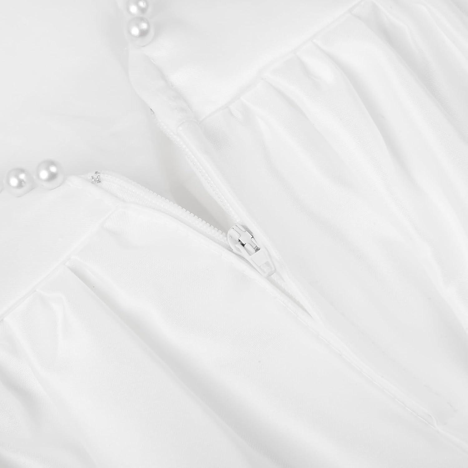 imageUhnice Flower Girl Satin Dress with Pearls Flutter Sleeves V Back Gown with Removable Bow for Wedding Birthday PartyWhite