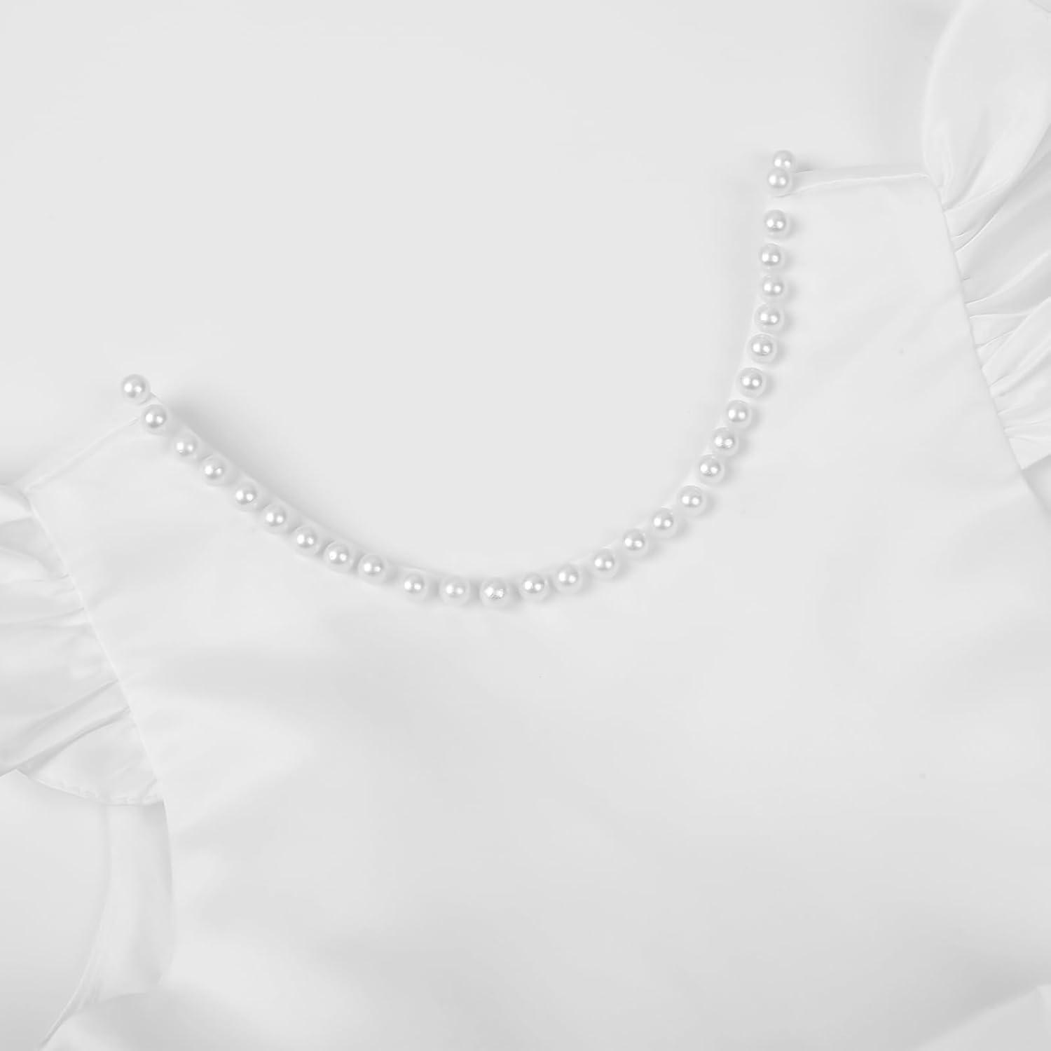 imageUhnice Flower Girl Satin Dress with Pearls Flutter Sleeves V Back Gown with Removable Bow for Wedding Birthday PartyWhite