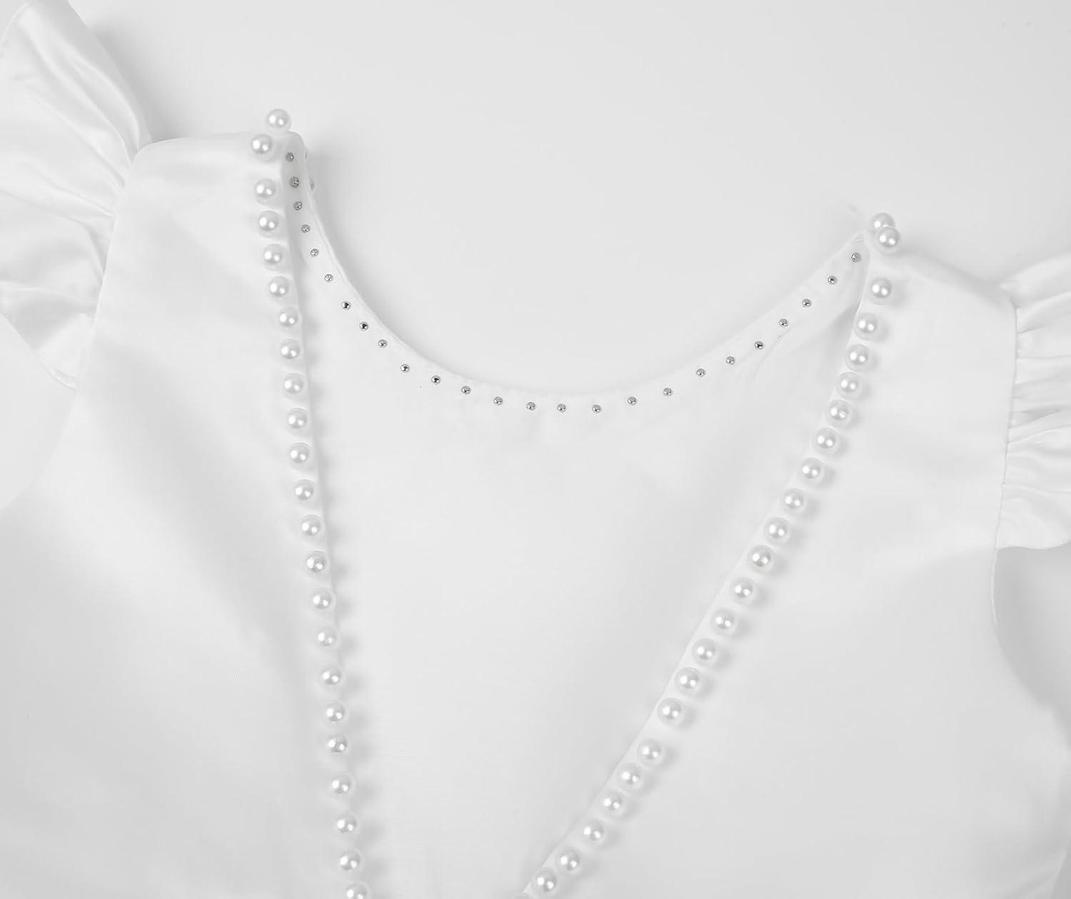 imageUhnice Flower Girl Satin Dress with Pearls Flutter Sleeves V Back Gown with Removable Bow for Wedding Birthday PartyWhite