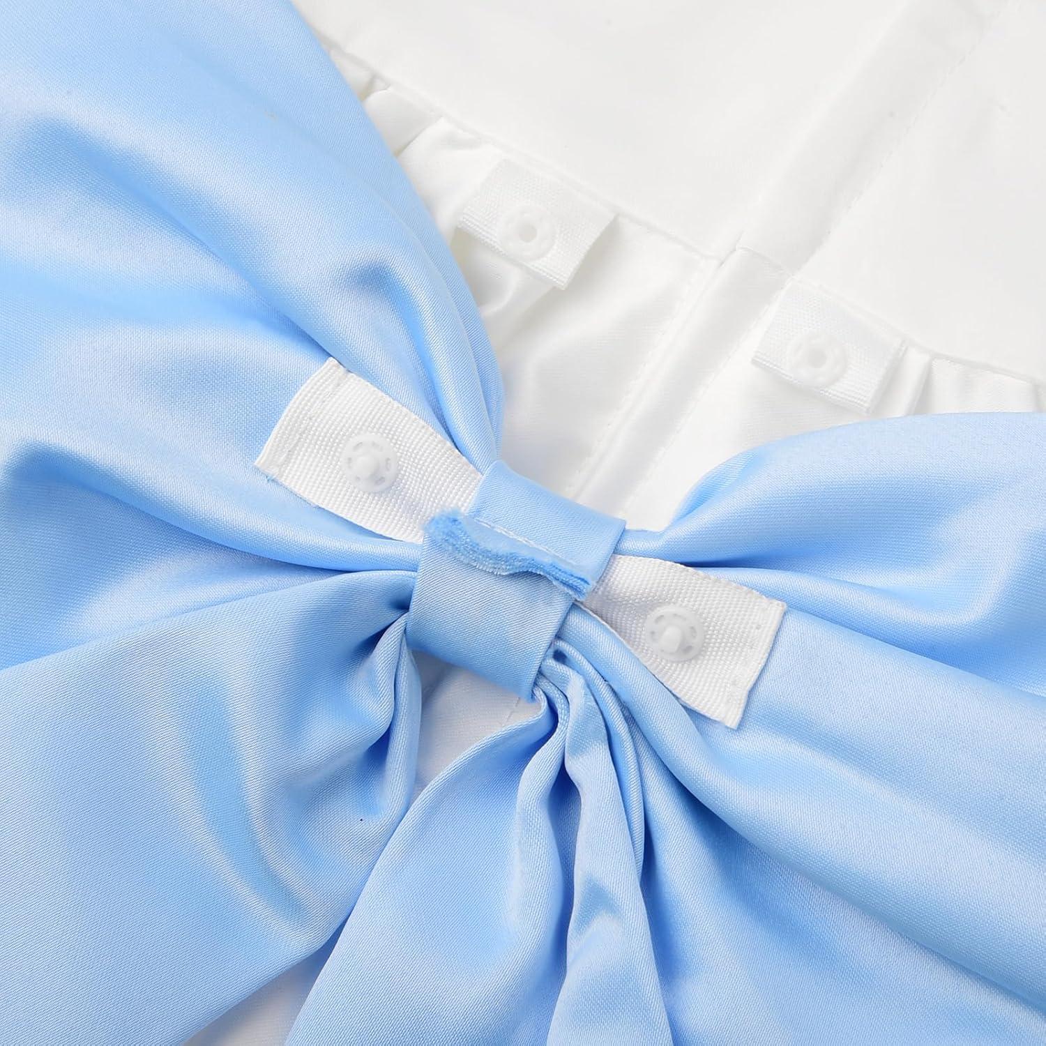 imageUhnice Flower Girl Satin Dress with Pearls Flutter Sleeves V Back Gown with Removable Bow for Wedding Birthday PartyWhite With Blue Bow