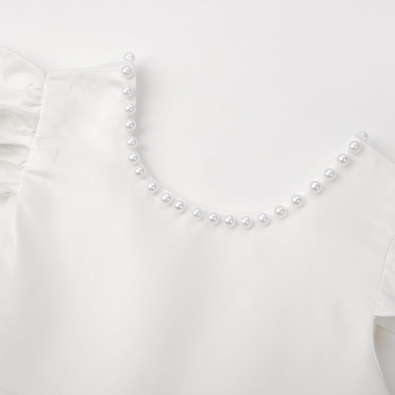 imageUhnice Flower Girl Satin Dress with Pearls Flutter Sleeves V Back Gown with Removable Bow for Wedding Birthday PartyWhite With Blue Bow