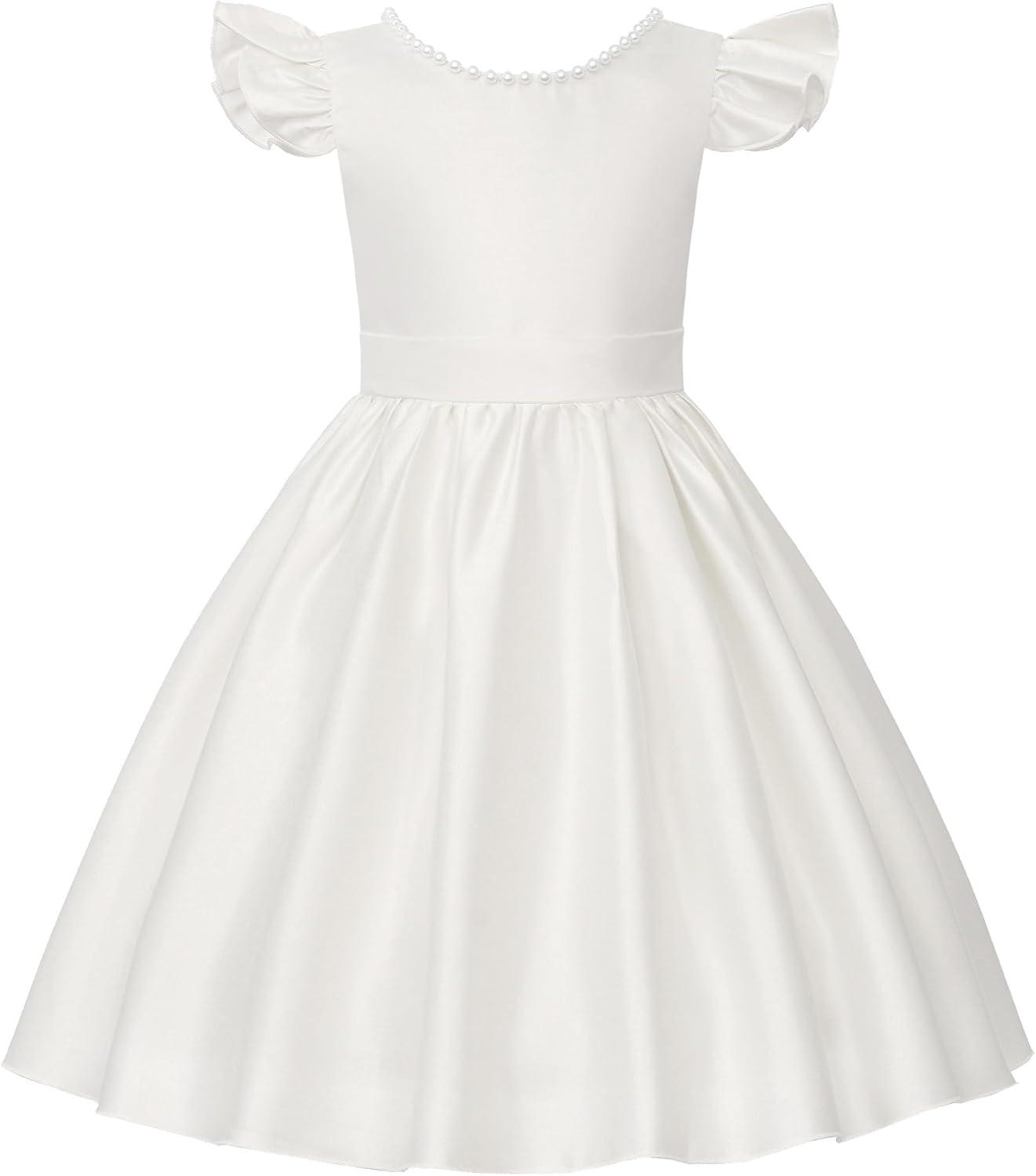 imageUhnice Flower Girl Satin Dress with Pearls Flutter Sleeves V Back Gown with Removable Bow for Wedding Birthday PartyWhite With Blue Bow