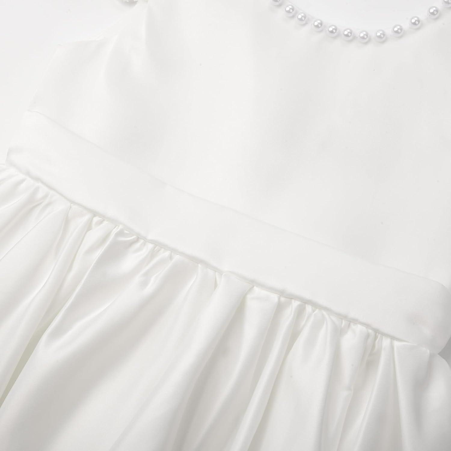 imageUhnice Flower Girl Satin Dress with Pearls Flutter Sleeves V Back Gown with Removable Bow for Wedding Birthday PartyWhite With Blue Bow