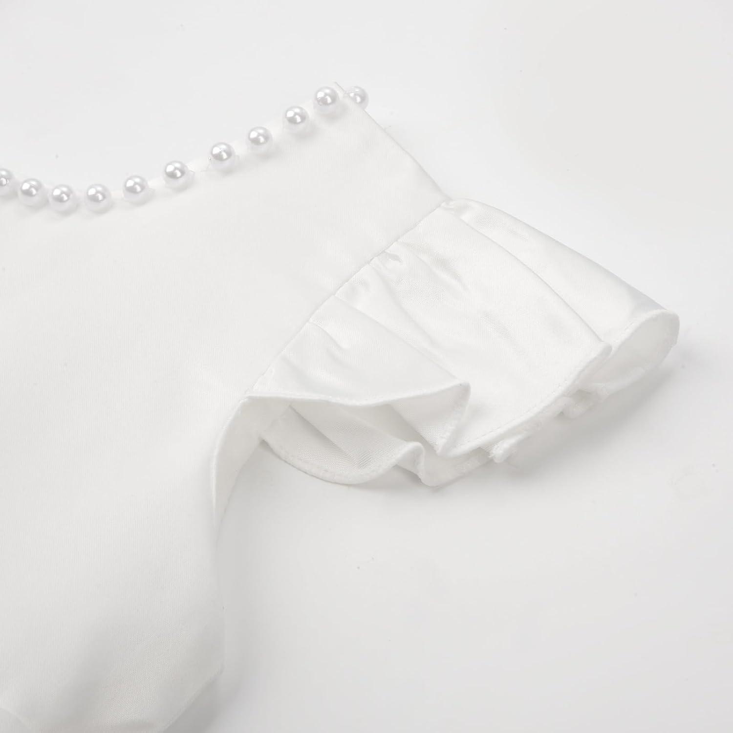 imageUhnice Flower Girl Satin Dress with Pearls Flutter Sleeves V Back Gown with Removable Bow for Wedding Birthday PartyWhite With Pink Bow