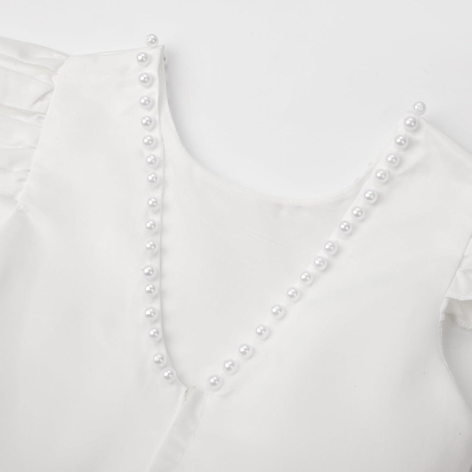 imageUhnice Flower Girl Satin Dress with Pearls Flutter Sleeves V Back Gown with Removable Bow for Wedding Birthday PartyWhite With Pink Bow