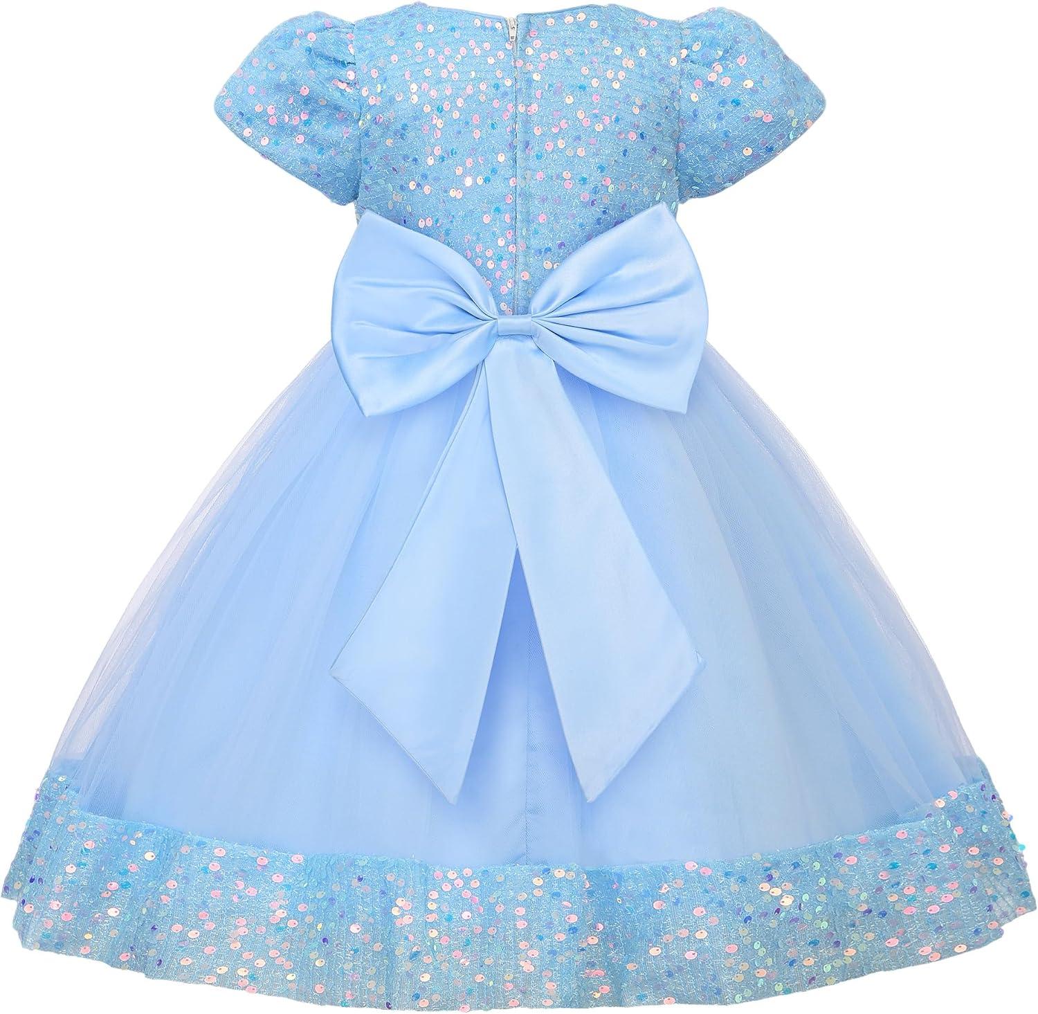 imageUhnice Girls Sequin Tulle Flower Girl Dress with Detachable Bow for Wedding Birthday PartySky Blue