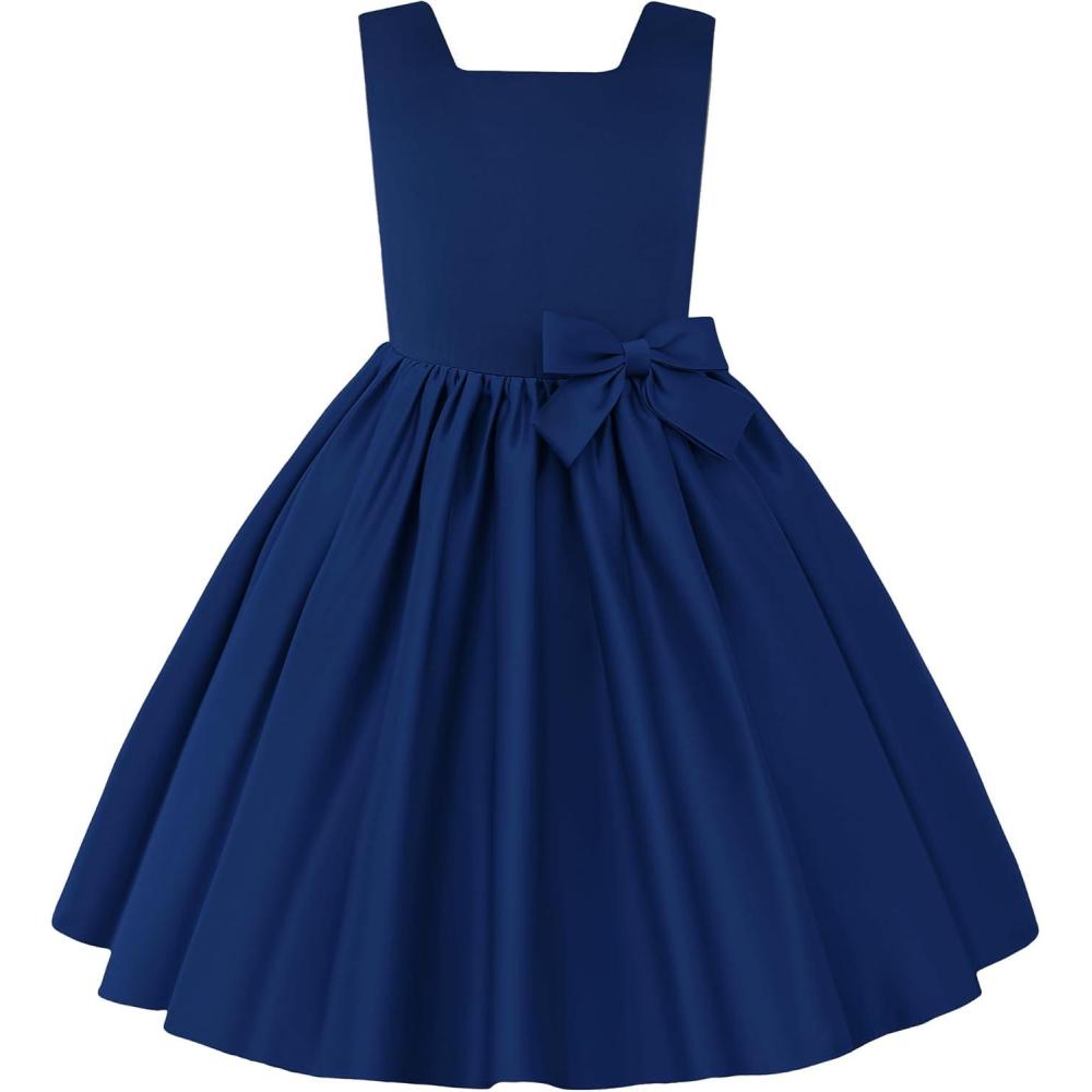 imageUhnice Flower Girl Satin Dress Sleeveless Dresses with Detachable Bow for Wedding PartyNavy Blue
