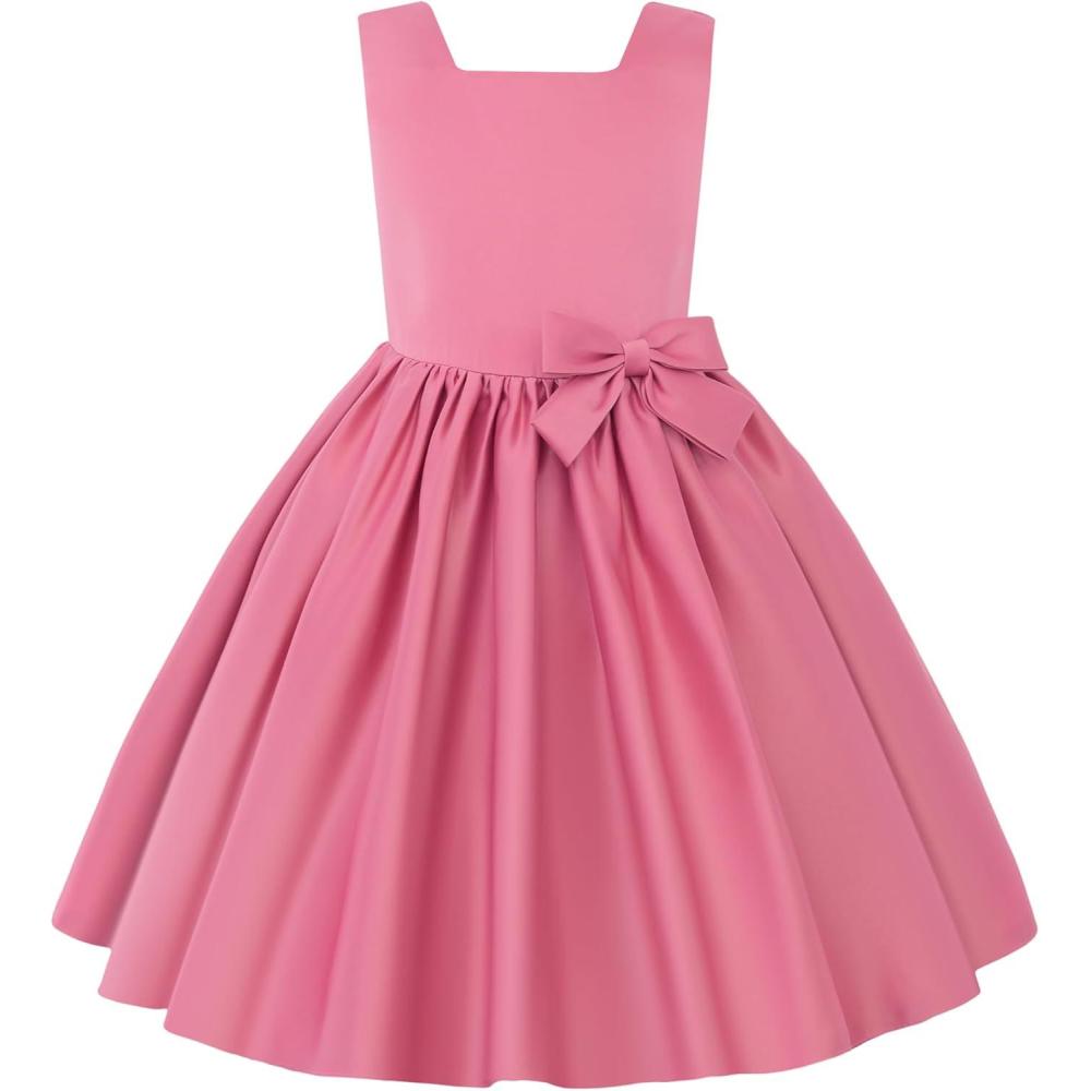 imageUhnice Flower Girl Satin Dress Sleeveless Dresses with Detachable Bow for Wedding PartyPink