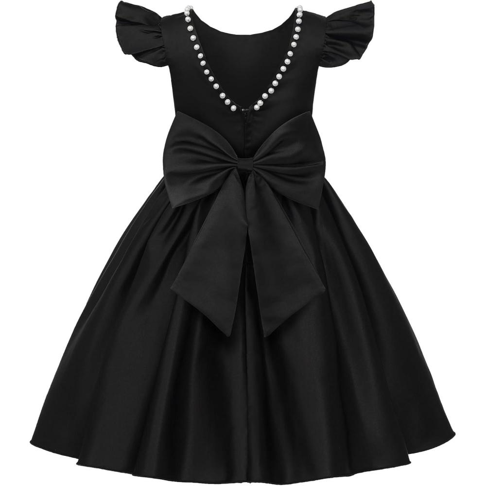 imageUhnice Flower Girl Satin Dress with Pearls Flutter Sleeves V Back Gown with Removable Bow for Wedding Birthday PartyBlack
