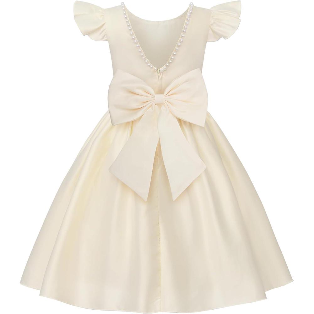 imageUhnice Flower Girl Satin Dress with Pearls Flutter Sleeves V Back Gown with Removable Bow for Wedding Birthday PartyChampagne