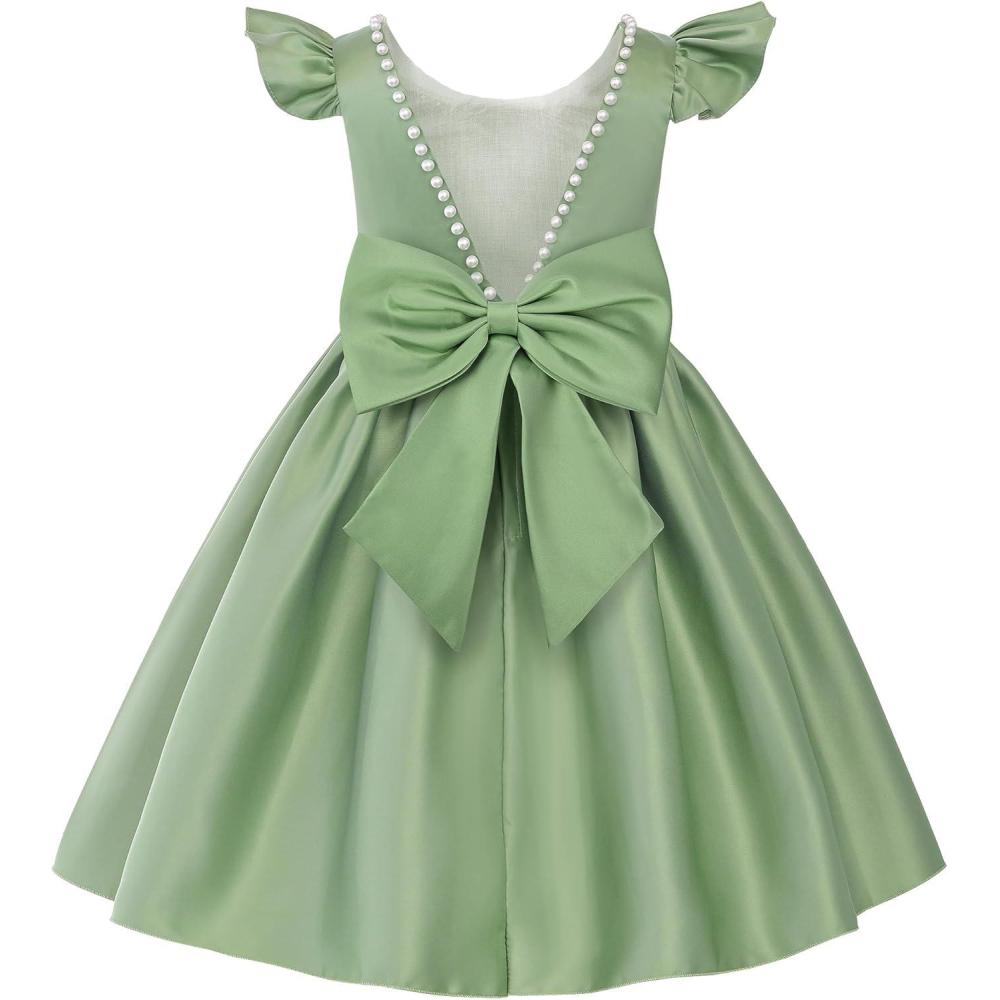 imageUhnice Flower Girl Satin Dress with Pearls Flutter Sleeves V Back Gown with Removable Bow for Wedding Birthday PartyGreen