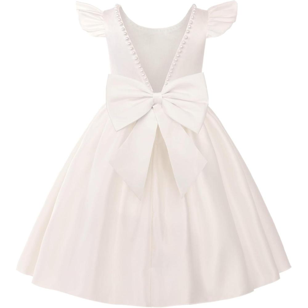 imageUhnice Flower Girl Satin Dress with Pearls Flutter Sleeves V Back Gown with Removable Bow for Wedding Birthday PartyIvory