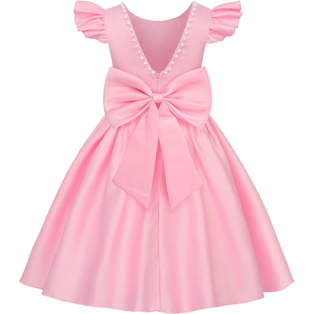 imageUhnice Flower Girl Satin Dress with Pearls Flutter Sleeves V Back Gown with Removable Bow for Wedding Birthday PartyPink