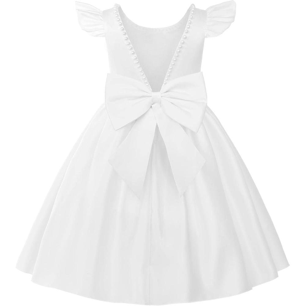 imageUhnice Flower Girl Satin Dress with Pearls Flutter Sleeves V Back Gown with Removable Bow for Wedding Birthday PartyWhite