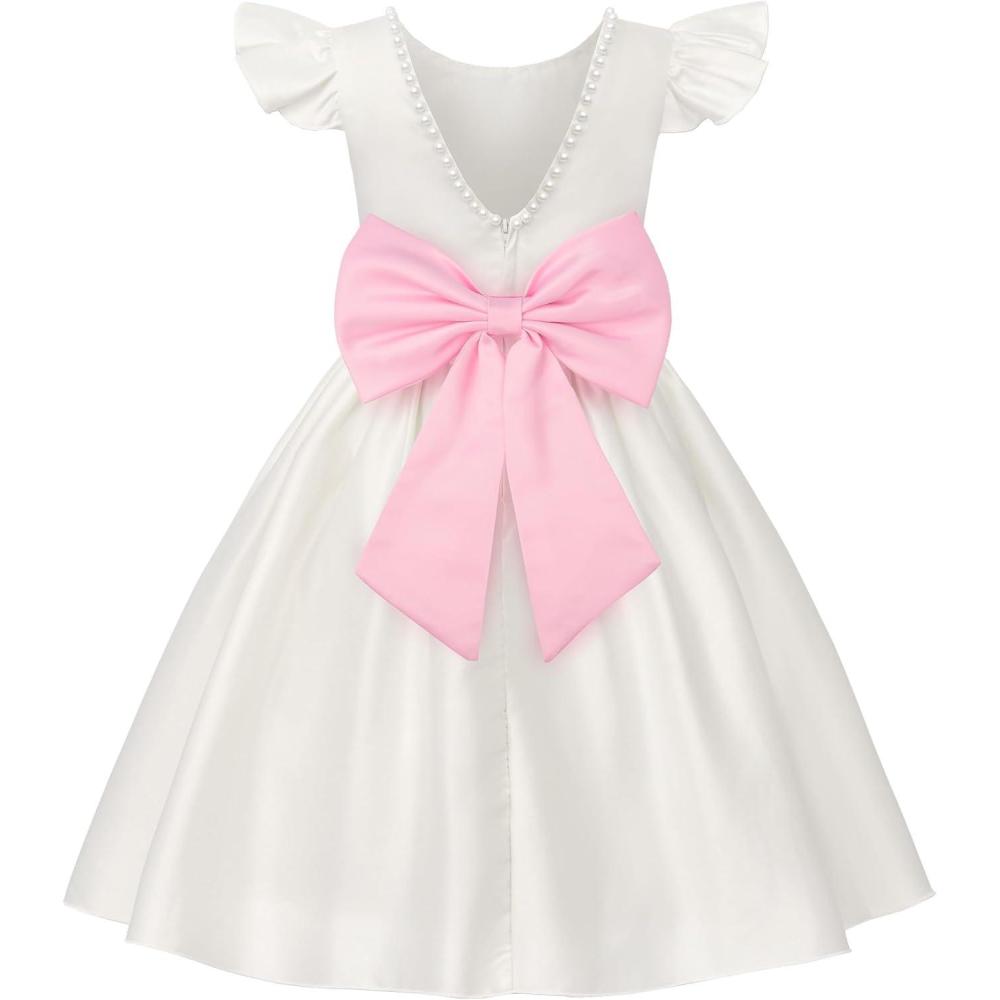 imageUhnice Flower Girl Satin Dress with Pearls Flutter Sleeves V Back Gown with Removable Bow for Wedding Birthday PartyWhite With Pink Bow