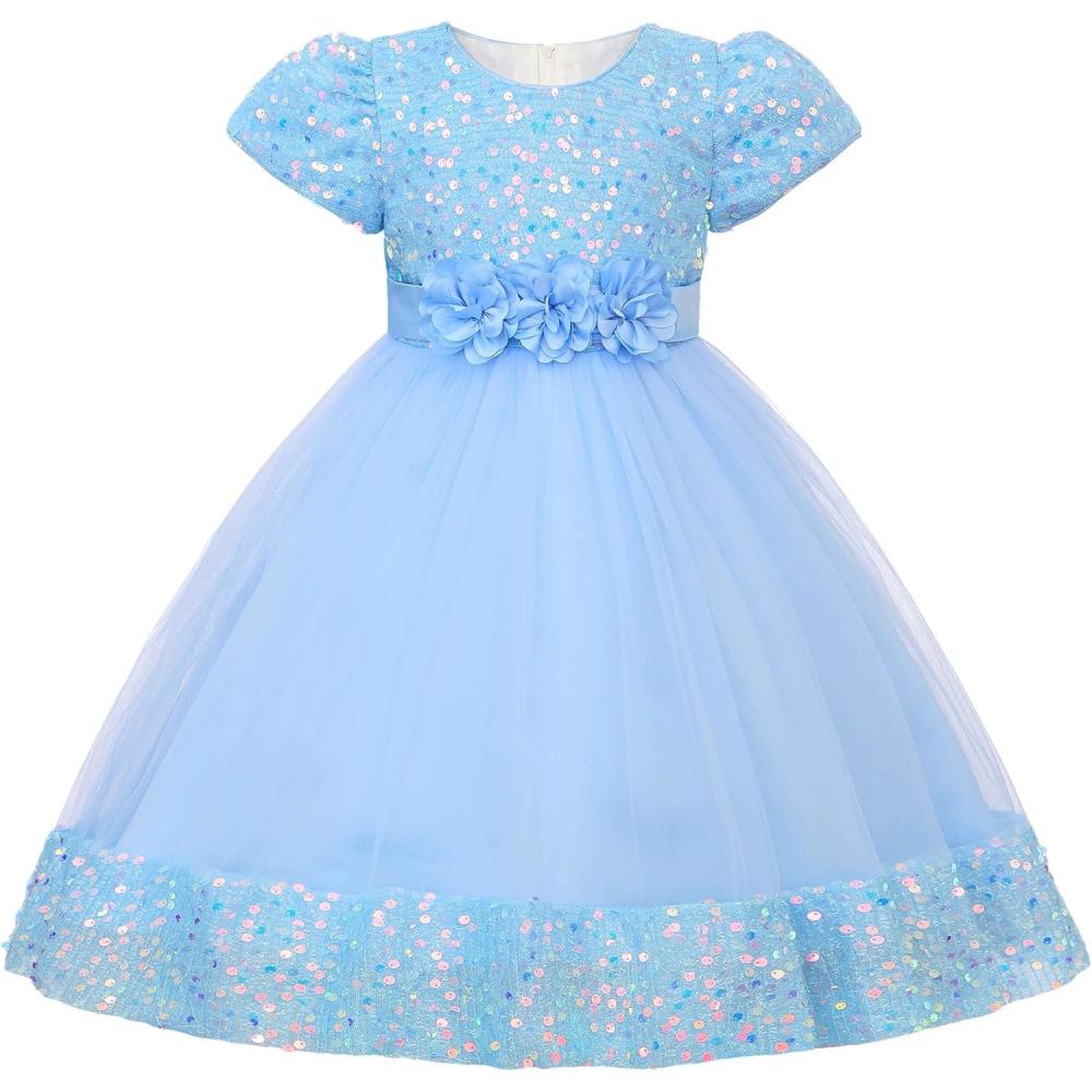 imageUhnice Girls Sequin Tulle Flower Girl Dress with Detachable Bow for Wedding Birthday PartySky Blue