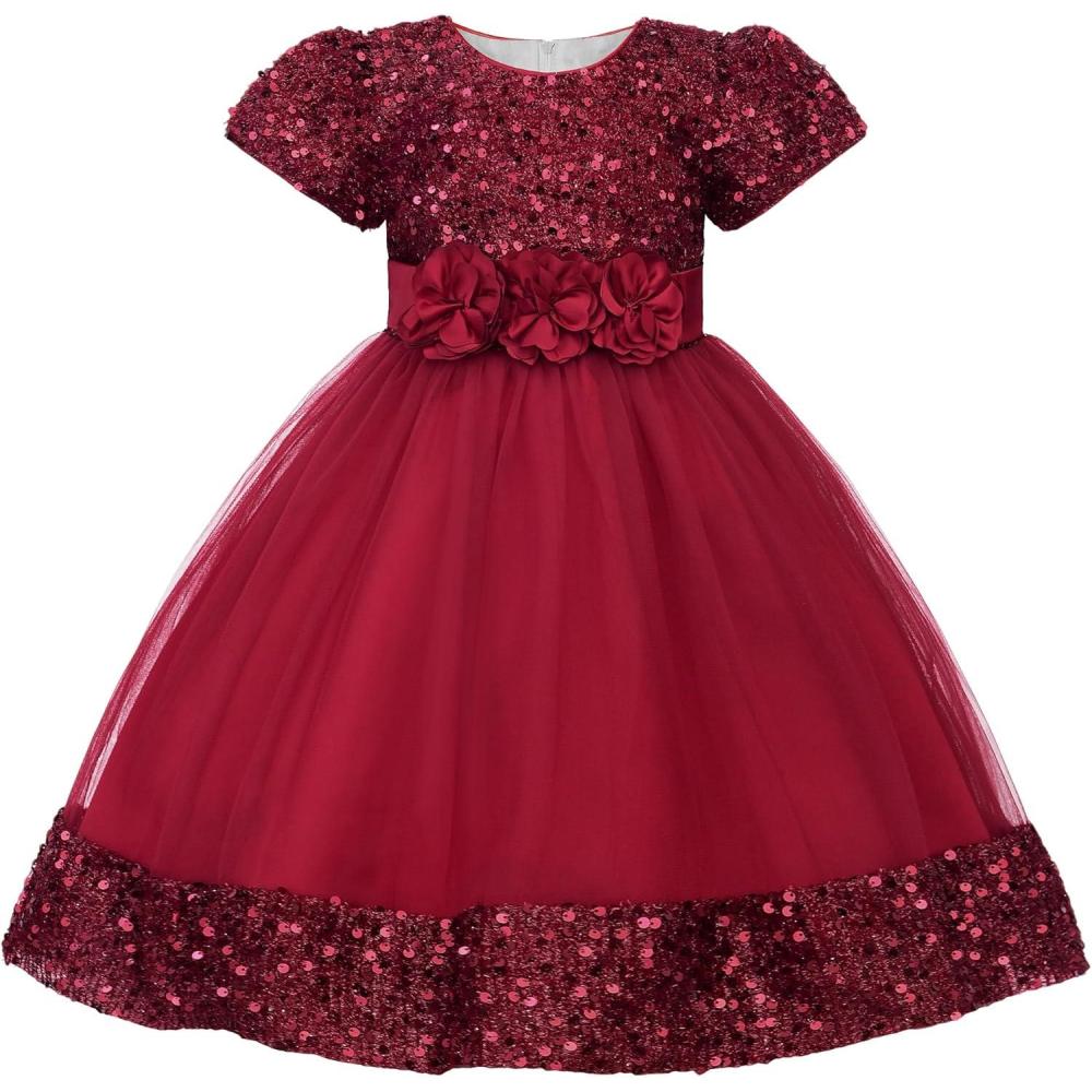imageUhnice Girls Sequin Tulle Flower Girl Dress with Detachable Bow for Wedding Birthday PartyWine Red