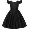 imageUhnice Flower Girl Satin Dress with Pearls Flutter Sleeves V Back Gown with Removable Bow for Wedding Birthday PartyBlack