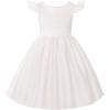 imageUhnice Flower Girl Satin Dress with Pearls Flutter Sleeves V Back Gown with Removable Bow for Wedding Birthday PartyIvory