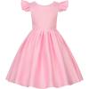 imageUhnice Flower Girl Satin Dress with Pearls Flutter Sleeves V Back Gown with Removable Bow for Wedding Birthday PartyPink