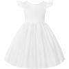 imageUhnice Flower Girl Satin Dress with Pearls Flutter Sleeves V Back Gown with Removable Bow for Wedding Birthday PartyWhite