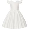 imageUhnice Flower Girl Satin Dress with Pearls Flutter Sleeves V Back Gown with Removable Bow for Wedding Birthday PartyWhite With Blue Bow
