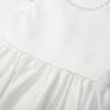 imageUhnice Flower Girl Satin Dress with Pearls Flutter Sleeves V Back Gown with Removable Bow for Wedding Birthday PartyWhite With Blue Bow