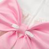 imageUhnice Flower Girl Satin Dress with Pearls Flutter Sleeves V Back Gown with Removable Bow for Wedding Birthday PartyWhite With Pink Bow