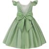 imageUhnice Flower Girl Satin Dress with Pearls Flutter Sleeves V Back Gown with Removable Bow for Wedding Birthday PartyGreen