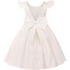 imageUhnice Flower Girl Satin Dress with Pearls Flutter Sleeves V Back Gown with Removable Bow for Wedding Birthday PartyIvory