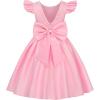 imageUhnice Flower Girl Satin Dress with Pearls Flutter Sleeves V Back Gown with Removable Bow for Wedding Birthday PartyPink