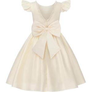 imageUhnice Flower Girl Satin Dress with Pearls Flutter Sleeves V Back Gown with Removable Bow for Wedding Birthday PartyChampagne