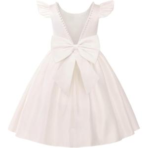imageUhnice Flower Girl Satin Dress with Pearls Flutter Sleeves V Back Gown with Removable Bow for Wedding Birthday PartyIvory
