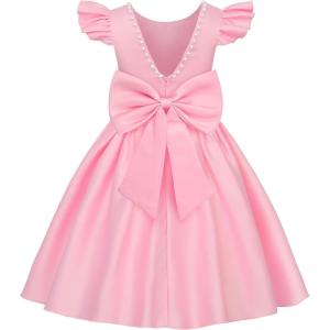 imageUhnice Flower Girl Satin Dress with Pearls Flutter Sleeves V Back Gown with Removable Bow for Wedding Birthday PartyPink