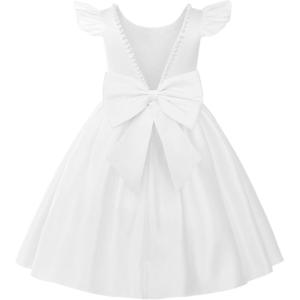 imageUhnice Flower Girl Satin Dress with Pearls Flutter Sleeves V Back Gown with Removable Bow for Wedding Birthday PartyWhite