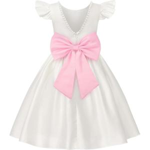 imageUhnice Flower Girl Satin Dress with Pearls Flutter Sleeves V Back Gown with Removable Bow for Wedding Birthday PartyWhite With Pink Bow