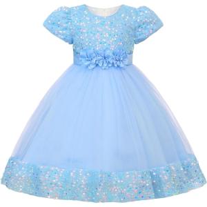 imageUhnice Girls Sequin Tulle Flower Girl Dress with Detachable Bow for Wedding Birthday PartySky Blue
