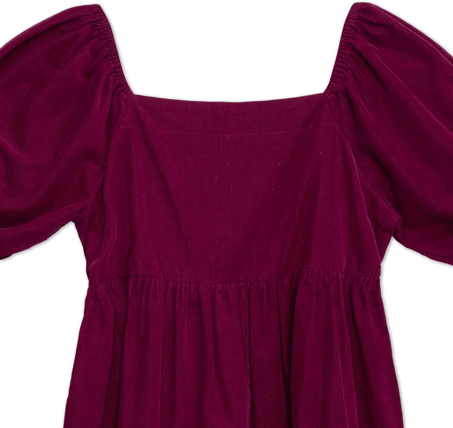 imageSpeechless Girls Corduroy Puff Sleeve Babydoll DressBurgundy