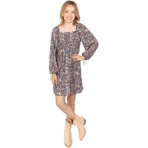 imageSpeechless Girls Long Sleeve Babydoll Square Neck Pleated Bodice DressBlackFloral