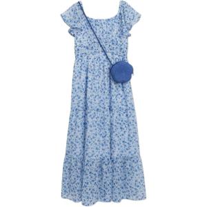 imageSpeechless Girls Print Chiffon Flutter Sleeve Cumberbund Maxi Dress with PurseNavyblue