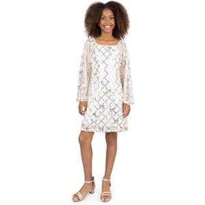 imageSpeechless Girls Long Sleeve Square Neck Sequin Pattern Aline Shift DressIvorygold