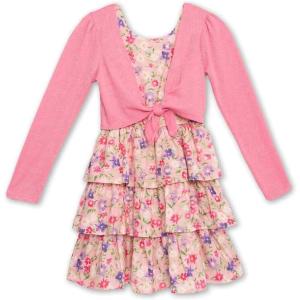 imageSpeechless Girls Sleeveless Tiered Dress and Tie Front CardiganCoralFuchsia Floral